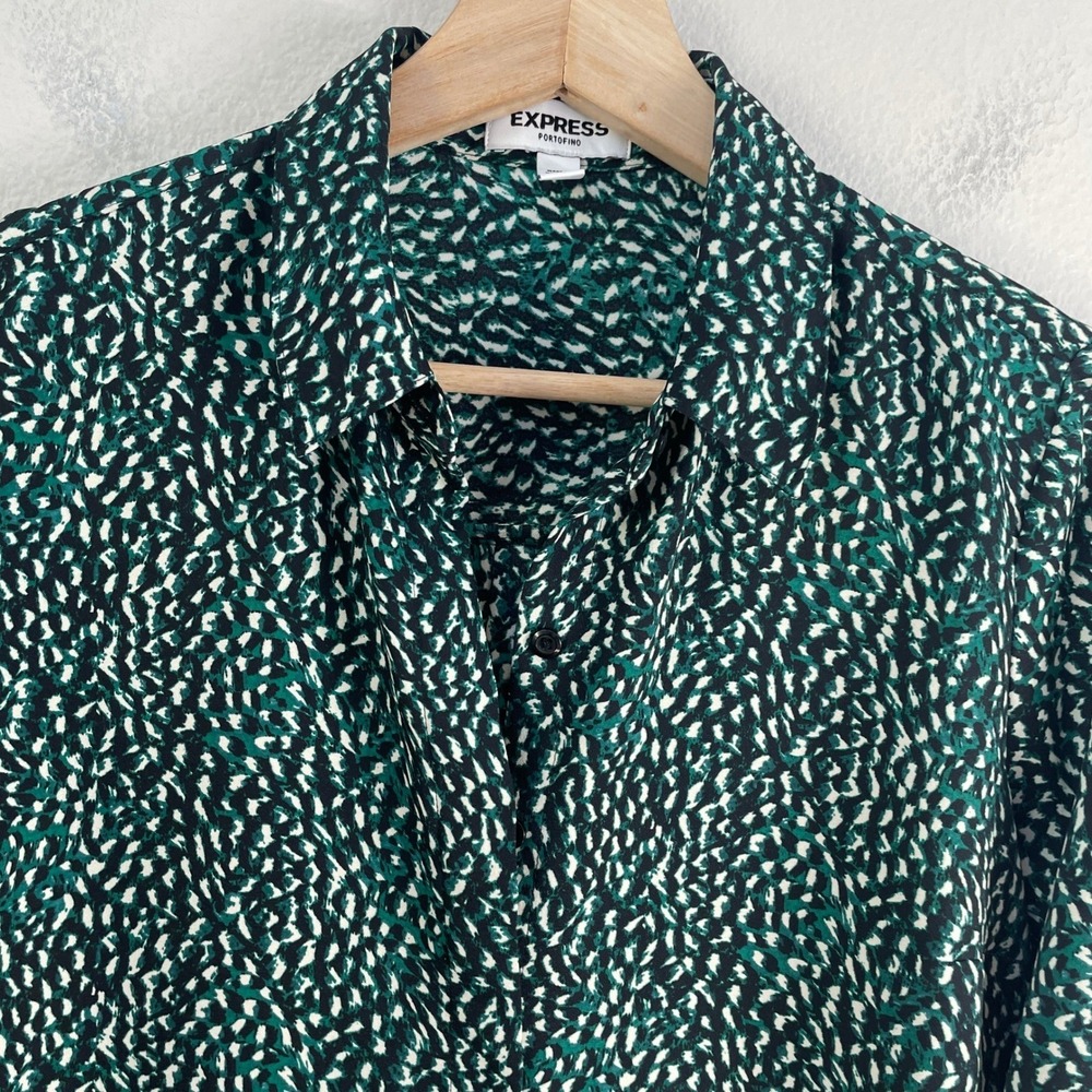 Express Portofino Shirt Womens XS Green Black Abstract Pebble‎ Print Button Up - Picture 2 of 7